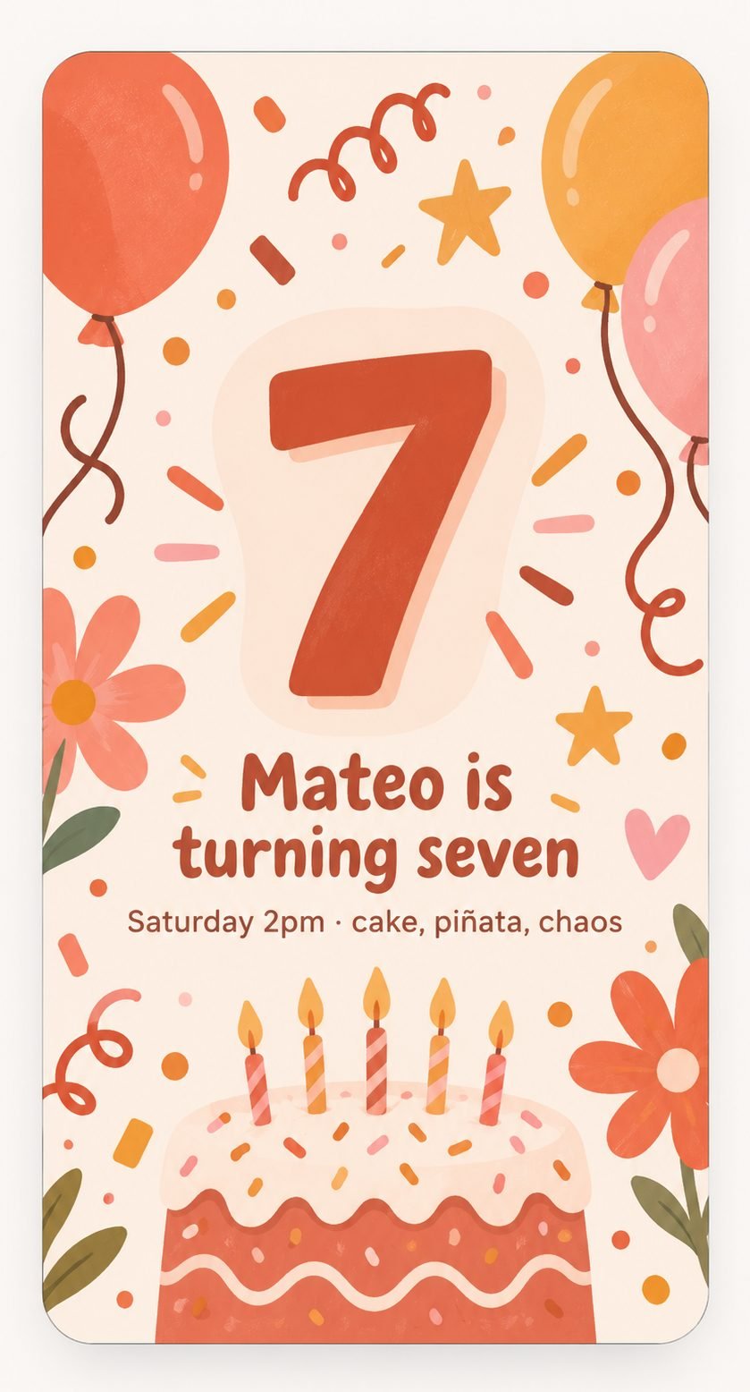 A seventh birthday invitation with balloons, confetti and a cake