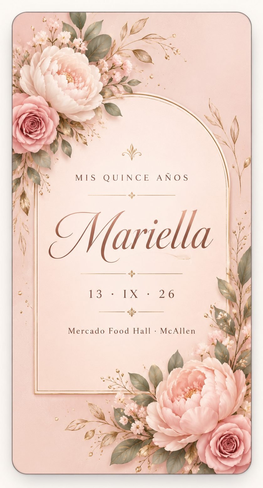 A quinceañera invitation for Mariella, blush pink with gold florals