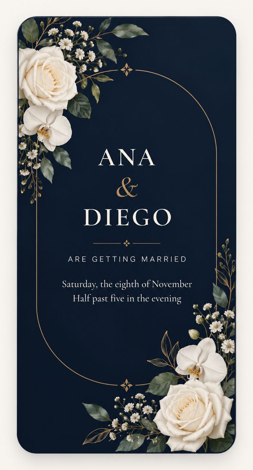 A wedding invitation for Ana and Diego, navy with white roses
