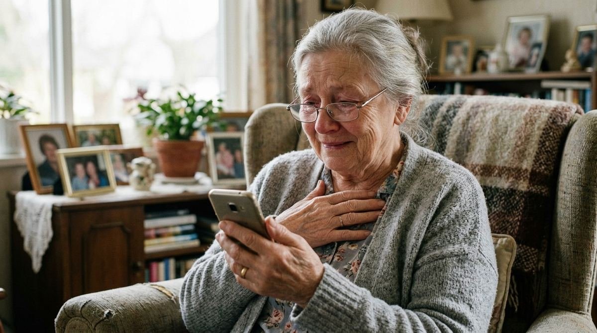 A grandmother opening a digital invitation on her phone at home
