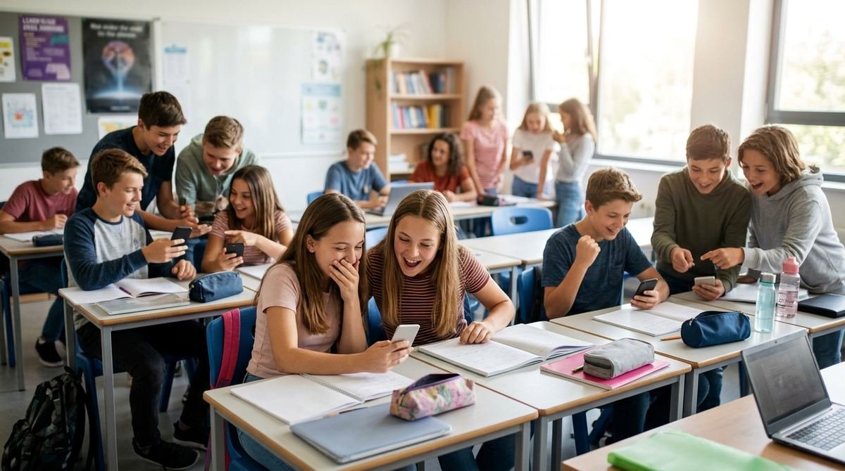 A classroom of teenagers sharing an invitation on their phones
