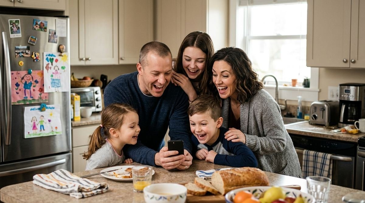 A family of five laughing at an invitation on a phone in their kitchen
